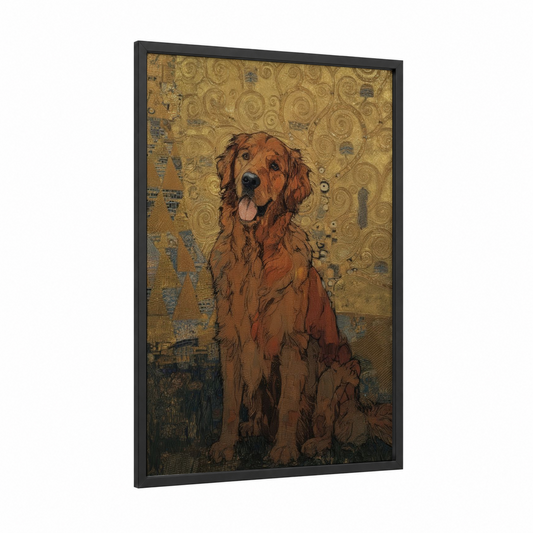 Golden Retriever Portrait framed art print — black wood frame — gold and brown palette