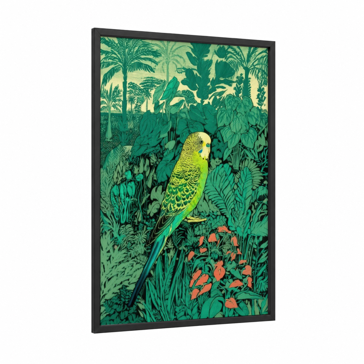 Tropical Budgie framed budgeridar print — black wood frame — true green and yellow gold palette