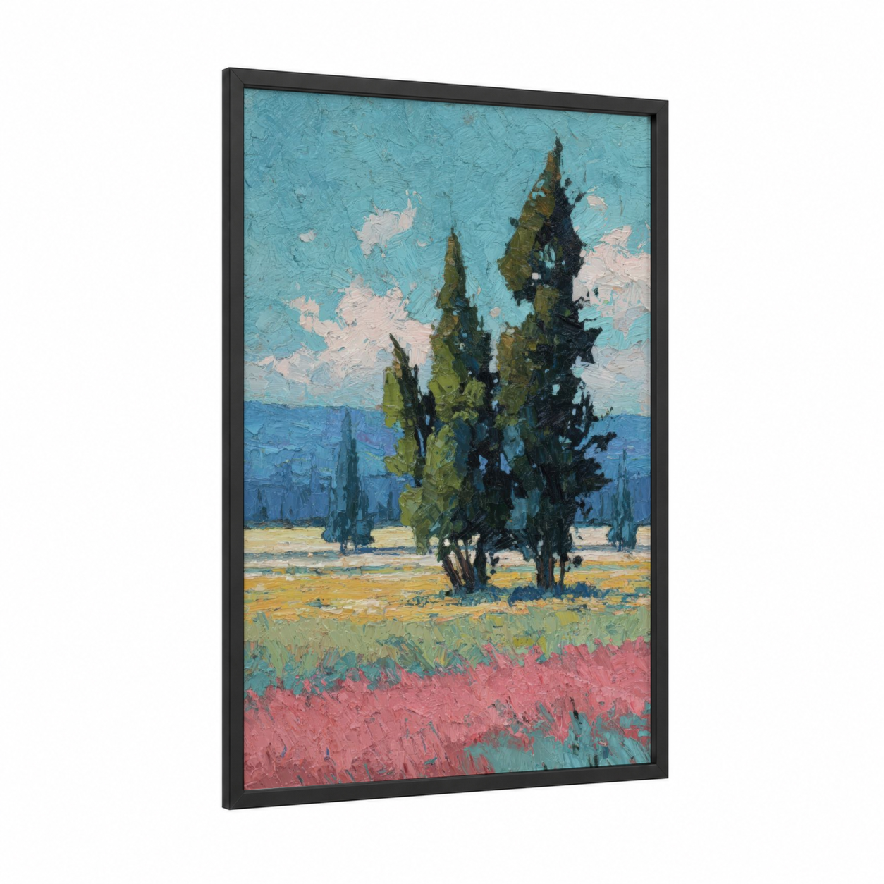 Tuscan Cedar Grove framed cedar tree print — black wood frame — turquoise and salmon pink palette