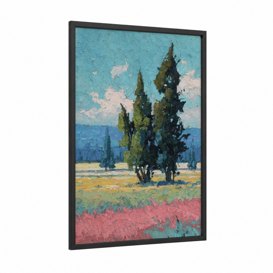 Tuscan Cedar Grove framed cedar tree print — black wood frame — turquoise and salmon pink palette