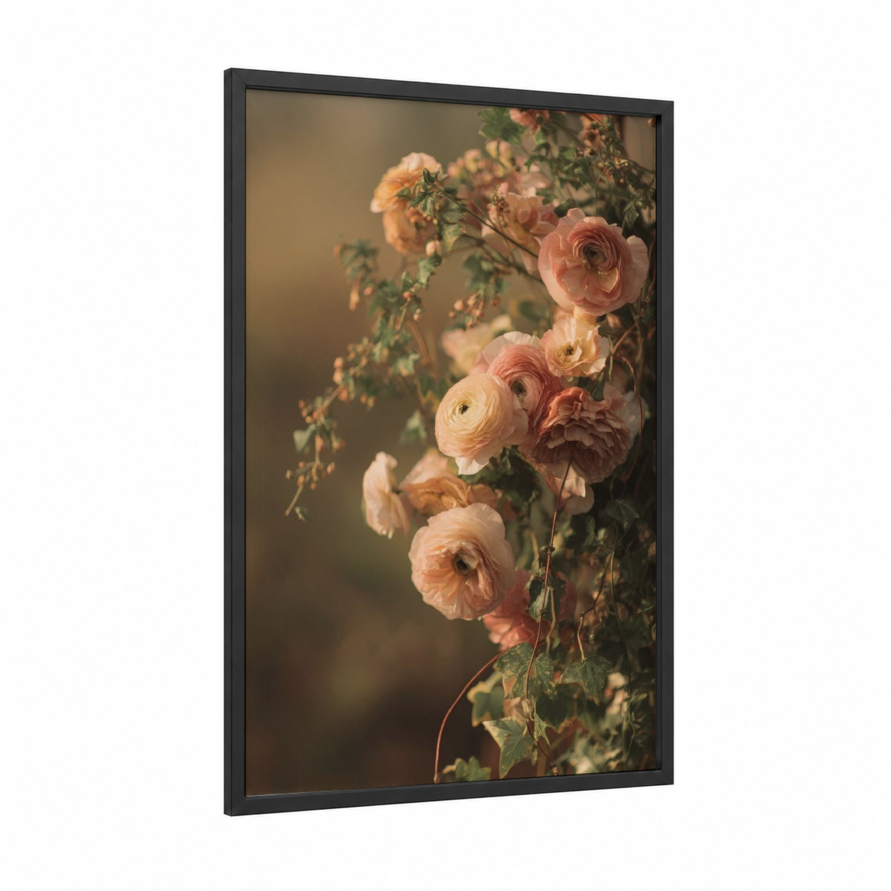Golden Ranunculus framed art print — black wood frame — peach and gold palette