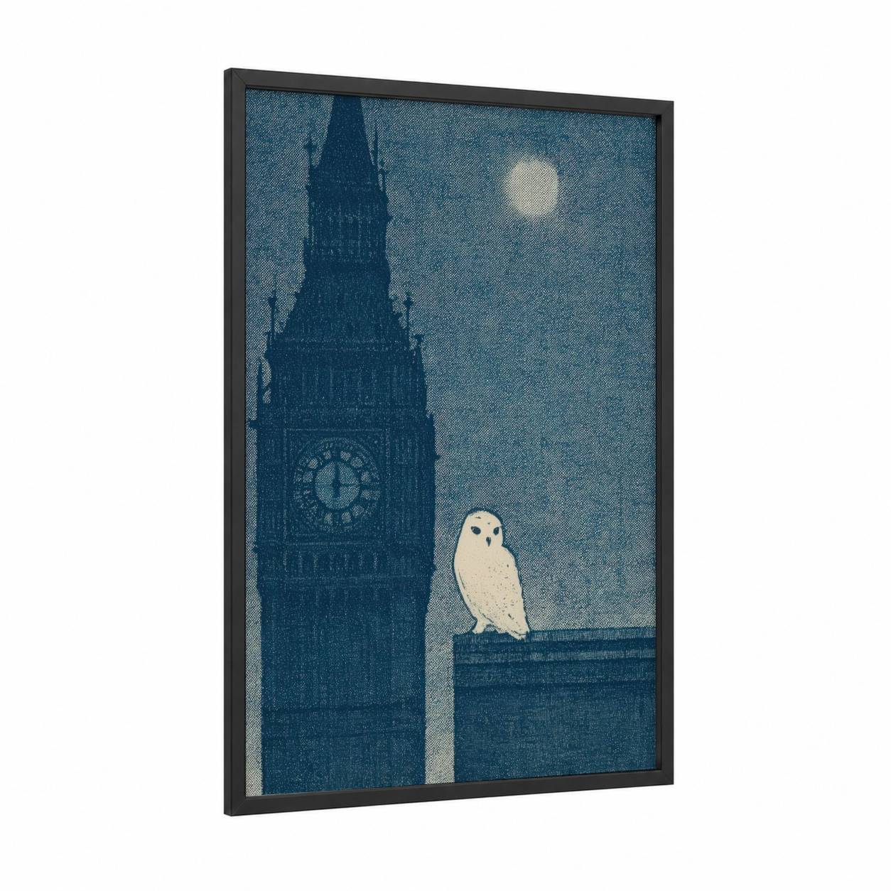 Snowy Owl London framed big ben print — black wood frame — dark blue and white palette