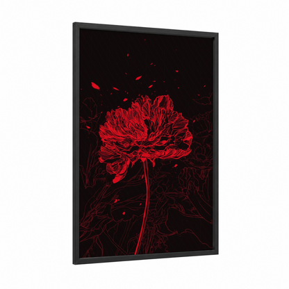 Crimson Bloom framed abstract flower print — black wood frame — red and black palette