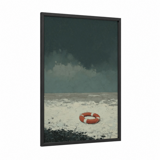 Stormy Beach Ring framed life ring print — black wood frame — dark green and cream palette