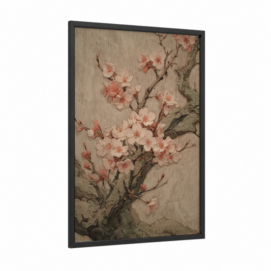 Cherry Blossom Carving framed woodcarving print — black wood frame — cream and salmon pink palette