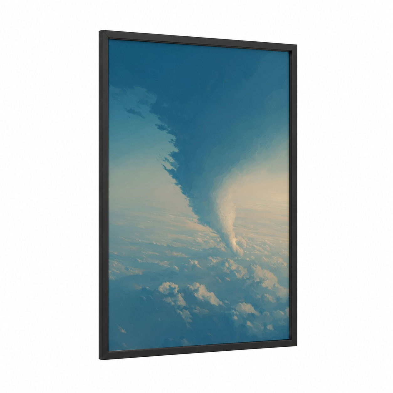 Spiral Tornado framed art print — black wood frame — blue and white palette
