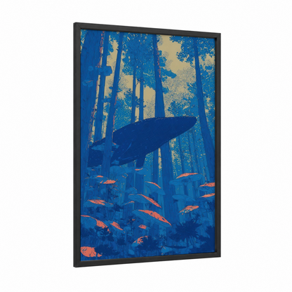 Majestic Blue Whale framed art print — black wood frame — blue and gold palette