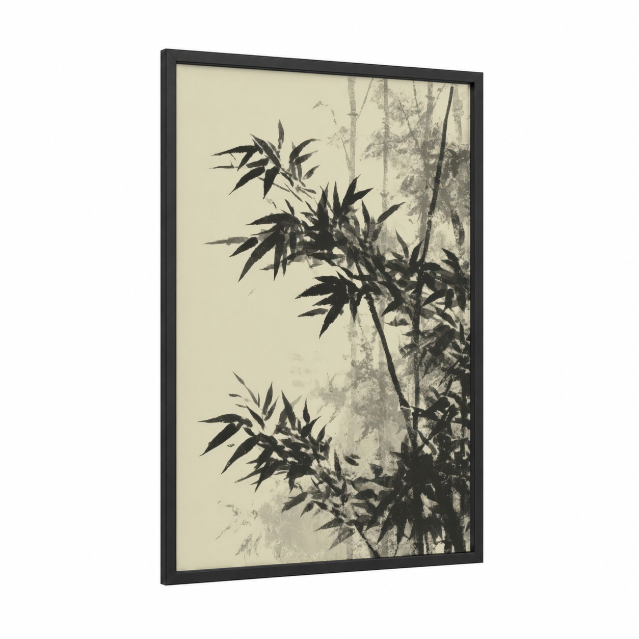 Misty Bamboo Grove framed bamboo jungle print — black wood frame — black and white and dove gray palette