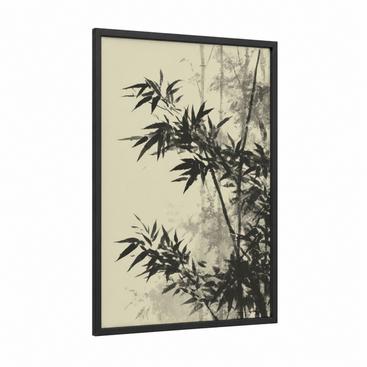 Misty Bamboo Grove framed bamboo jungle print — black wood frame — black and white and dove gray palette