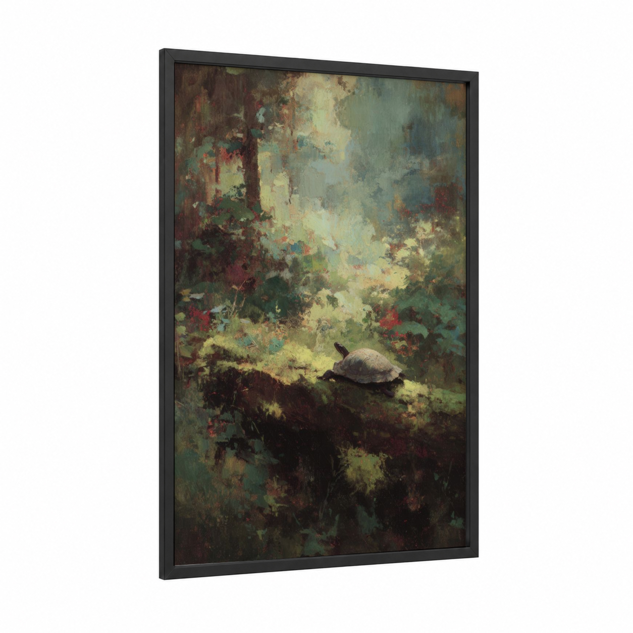 Mossy Turtle framed art print — black wood frame — gray and true green palette
