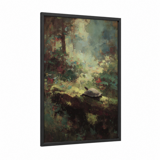 Mossy Turtle framed art print — black wood frame — gray and true green palette