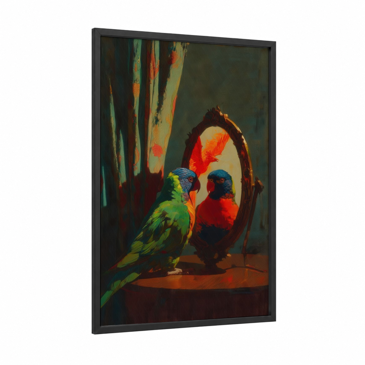 Mirror Lorikeet framed rainbow lorikeet print — black wood frame — teal and gold palette