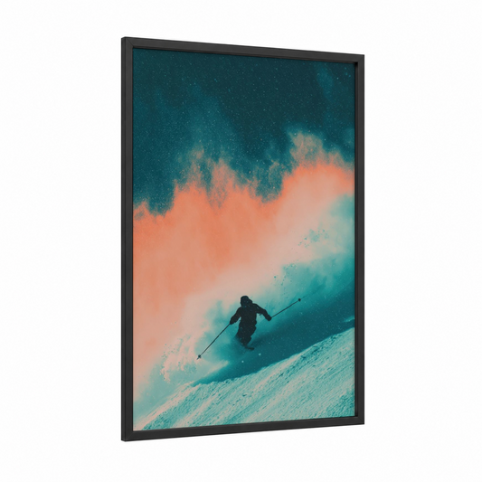 Alpine Descent framed skiing print — black wood frame — teal and salmon pink palette