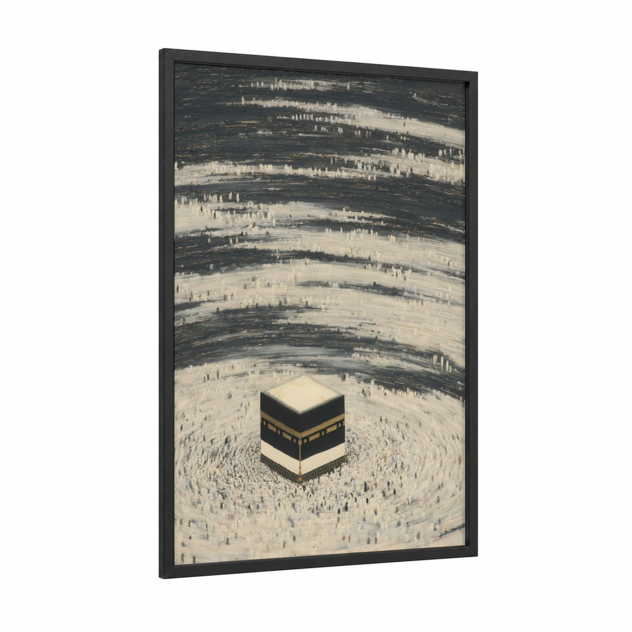Kaaba Pilgrimage framed islam print — black wood frame — black and white and gray palette