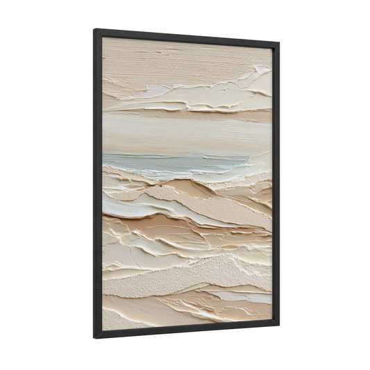 Coastal Layers framed abstract minimalist print — black wood frame — cream and beige palette