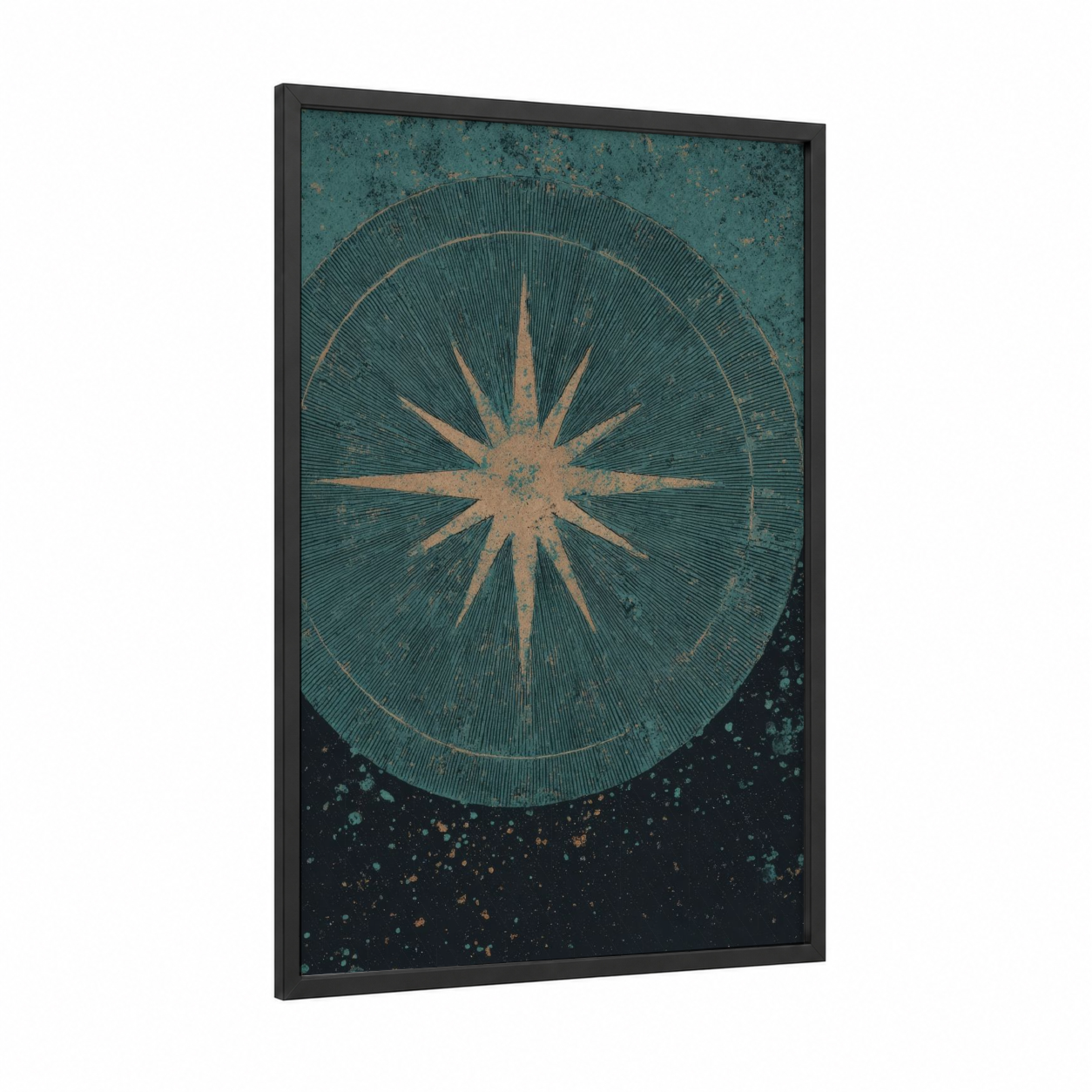 Vintage Compass Rose framed art print — black wood frame — teal and gold palette