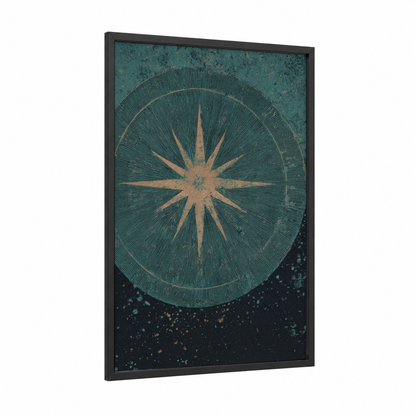 Vintage Compass Rose framed art print — black wood frame — teal and gold palette