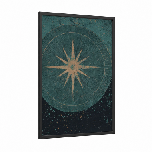 Vintage Compass Rose framed art print — black wood frame — teal and gold palette