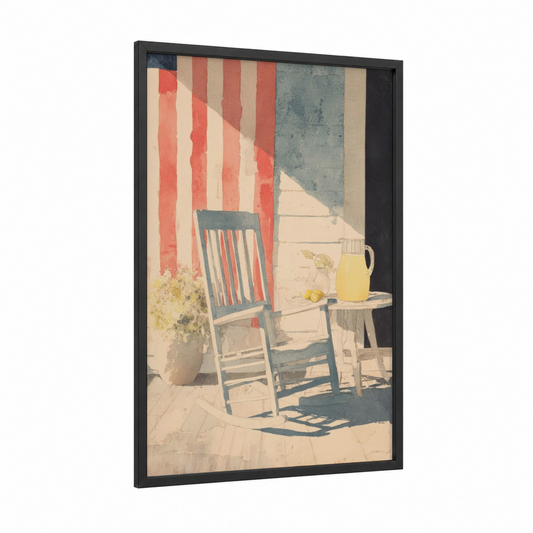 Patriotic Porch framed 4th of july print — black wood frame — red and blue and white palette