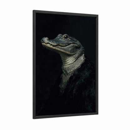 Distinguished Alligator framed art print — black wood frame — black and sage green palette