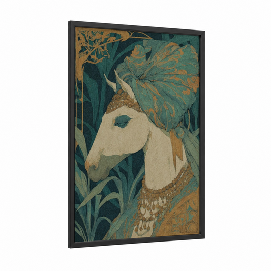 Ornate Pegasus framed art print — black wood frame — teal and gold palette