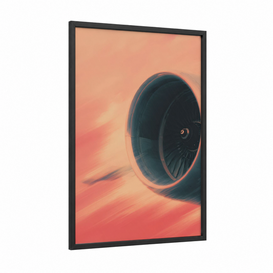 Sunrise Jet Engine framed commercial plane print — black wood frame — peach and dark blue palette