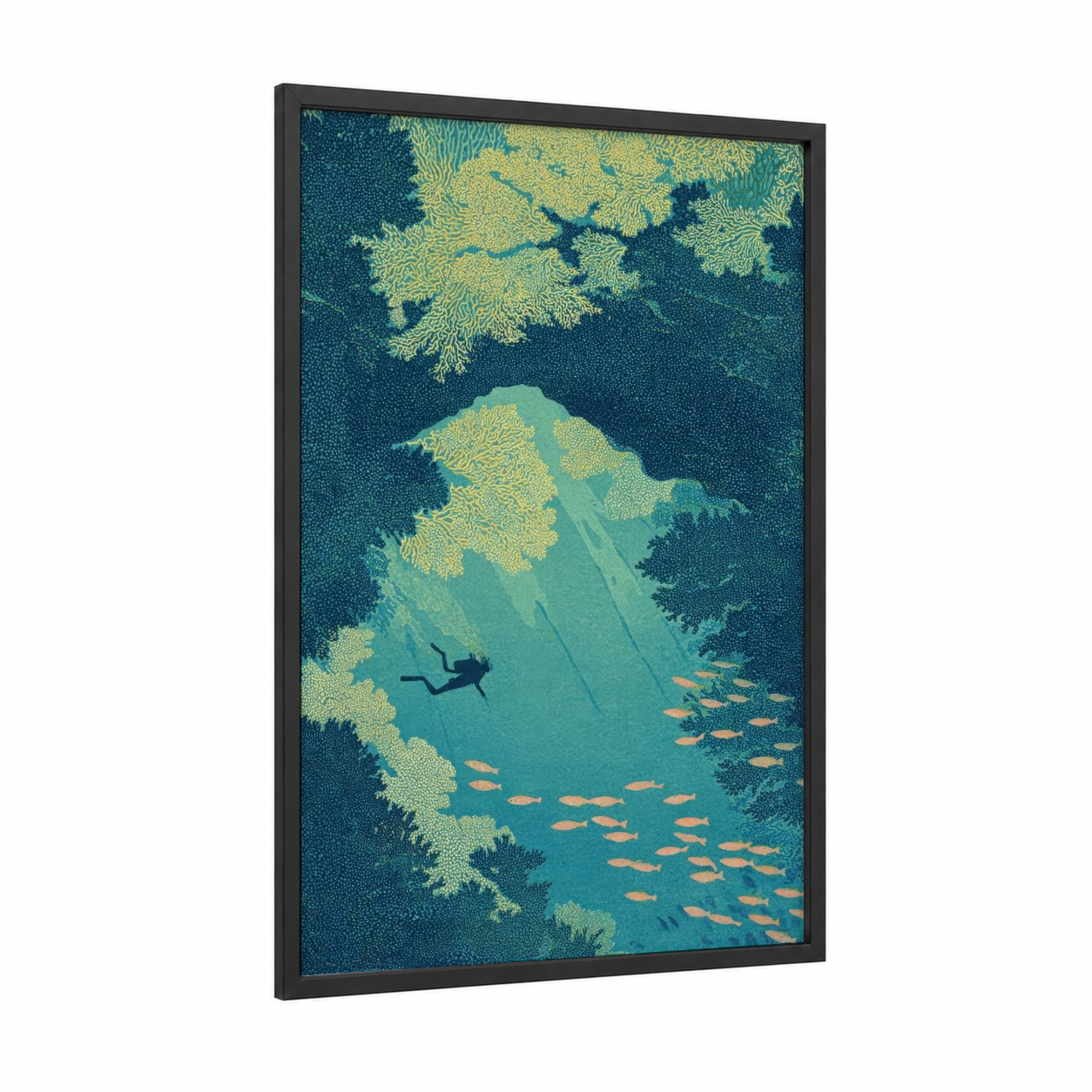 Coral Reef Diver framed diving print — black wood frame — teal and gold palette