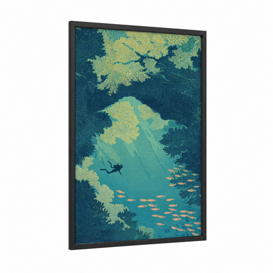 Coral Reef Diver framed diving print — black wood frame — teal and gold palette