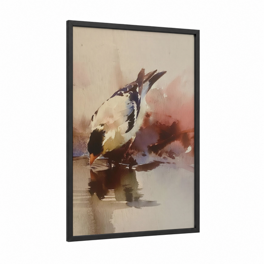 Watercolor Finch framed art print — black wood frame — cream and peach palette