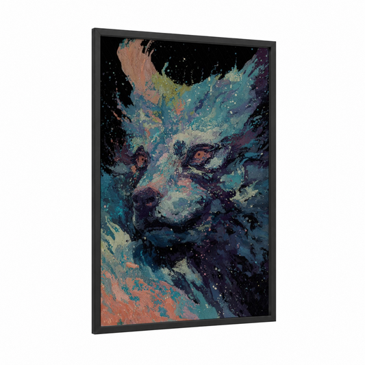 Cosmic Werewolf framed art print — black wood frame — teal and peach palette