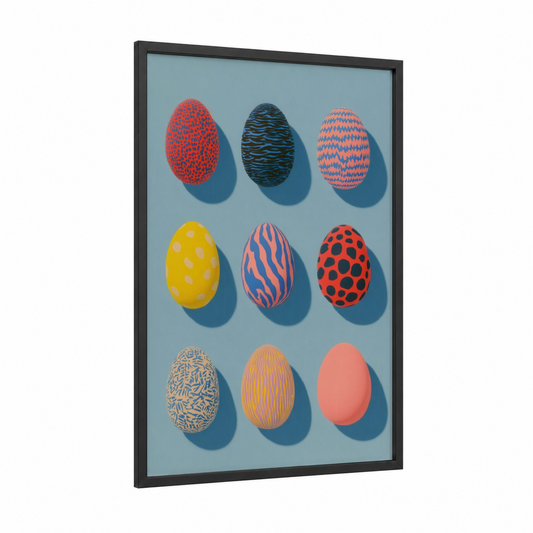 Patterned Easter Eggs framed art print — black wood frame — blue and salmon pink palette