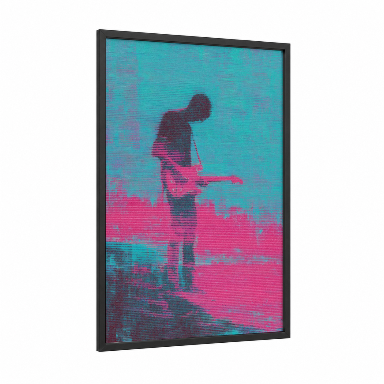 Neon Guitarist framed rock'n roll print — black wood frame — magenta and teal palette
