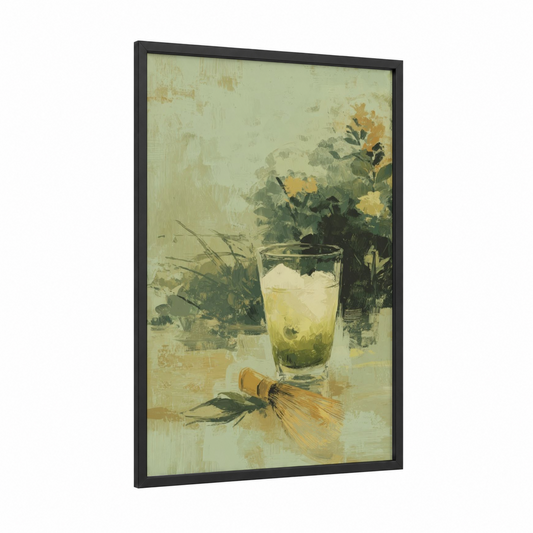 Afternoon Iced Tea framed art print — black wood frame — cream and sage green palette