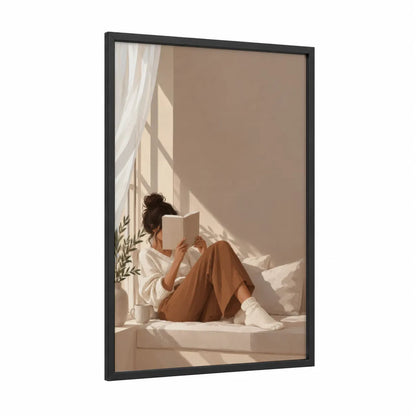 Woman Reading By Window Wall Art framed art print — black wood frame — beige and cream palette