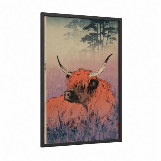 Highland Misty framed highland cow print — black wood frame — russet and dove gray palette