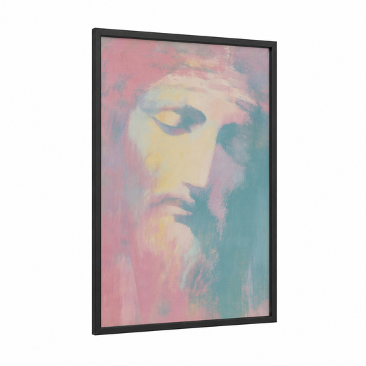 Serene Christ Portrait framed jesus christ print — black wood frame — pink and cream palette