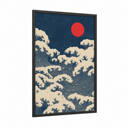 Crimson Galaxy Waves framed art print — black wood frame — dark blue and cream palette