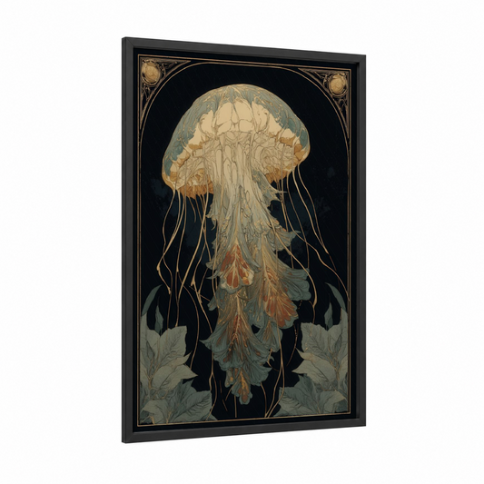 Ethereal Jellyfish framed art print — black wood frame — cream and gold palette