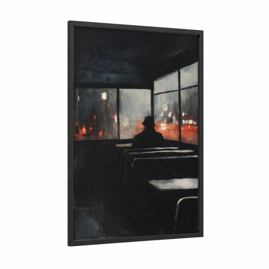 Nighttime Bus Commute framed art print — black wood frame — black and orange palette