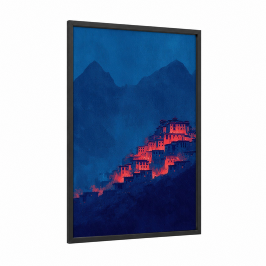 Himalayan Monastery framed art print — black wood frame — dark blue and gold and pink palette