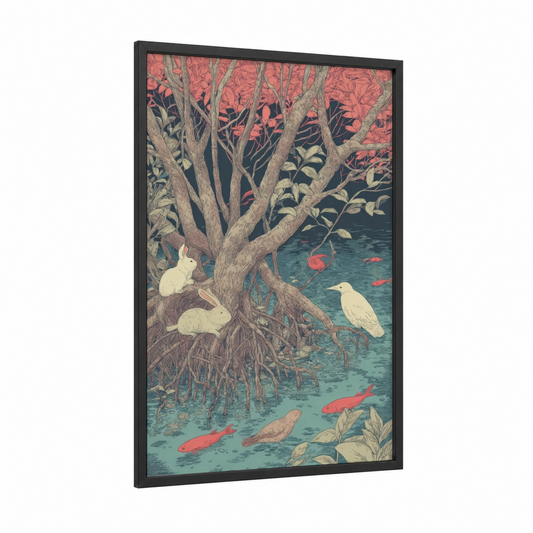 Mangrove Sanctuary framed art print — black wood frame — teal and salmon pink palette