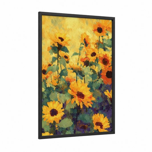 Golden Sunflower Field framed art print — black wood frame — yellow gold and true green palette