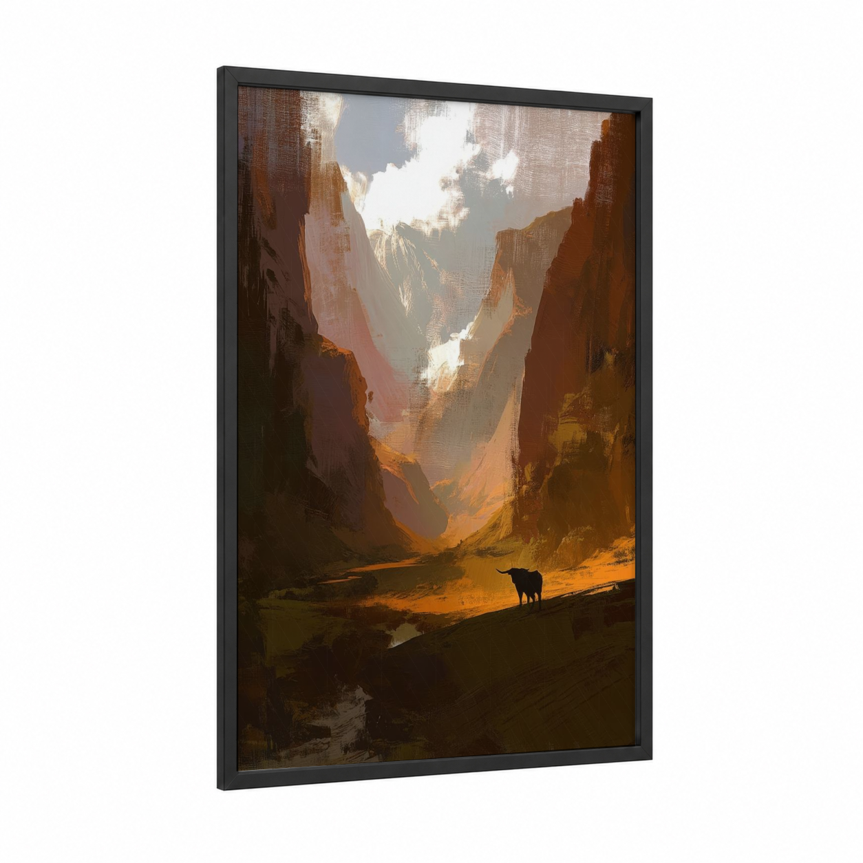 Canyon Longhorn framed longhorn cow print — black wood frame — gold and russet palette