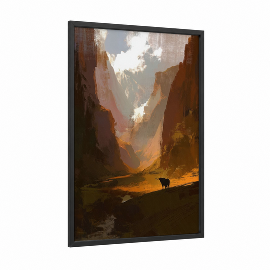 Canyon Longhorn framed longhorn cow print — black wood frame — gold and russet palette