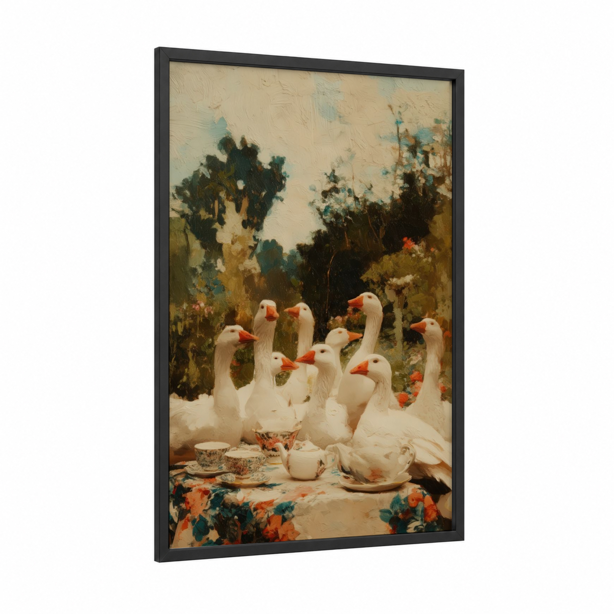 Garden Geese Gathering framed art print — black wood frame — cream and olive palette