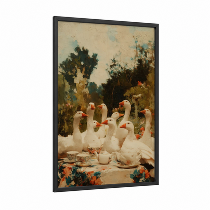 Garden Geese Gathering framed art print — black wood frame — cream and olive palette