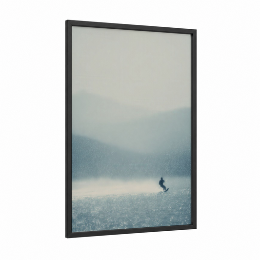 Misty Water Skier framed water skiing print — black wood frame — blue and white and gray palette