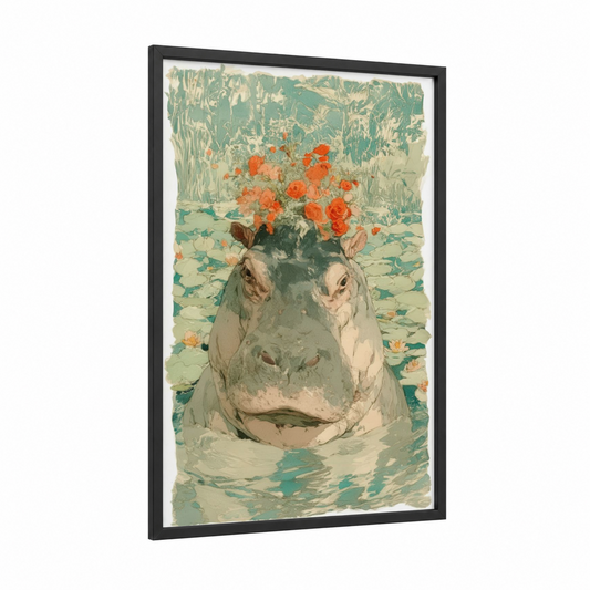 Blooming Hippo framed art print — black wood frame — teal and peach palette