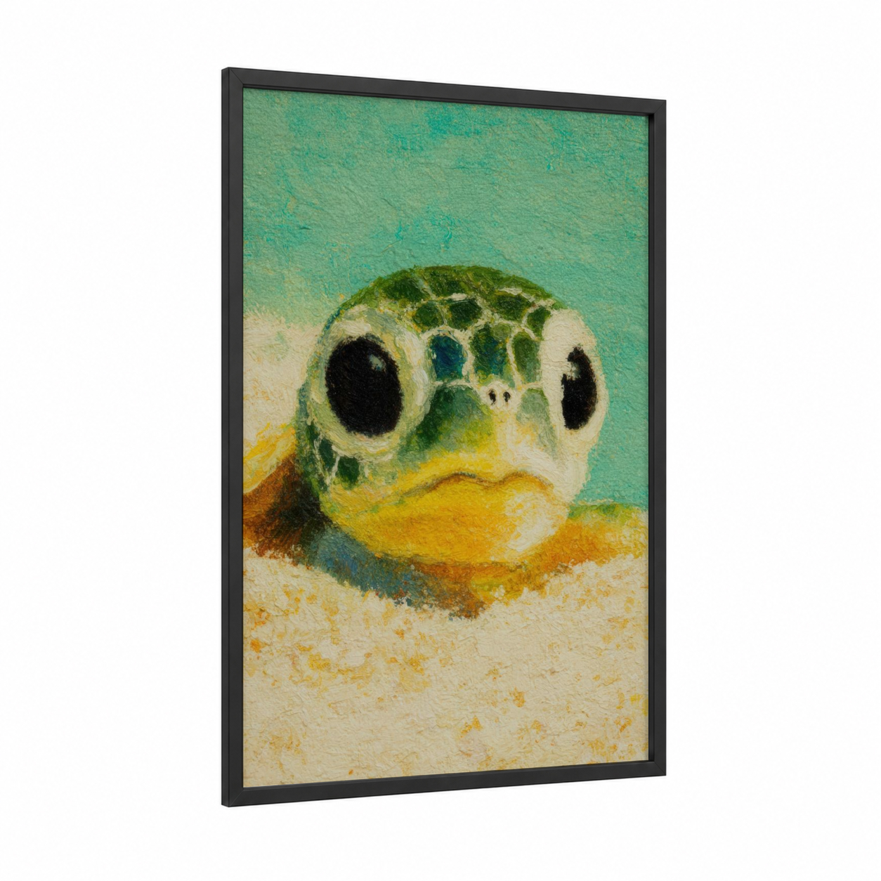 Sandy Turtle framed art print — black wood frame — turquoise and gold palette