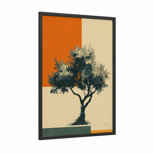 Golden Olive Tree framed art print — black wood frame — orange and cream palette